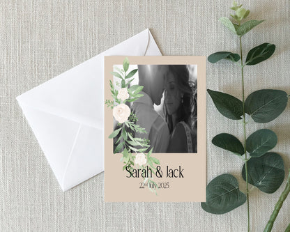 Beige & White Rose Photo Save The Date Wedding Party Cards & Envelopes | Pack of 10 Double Sided