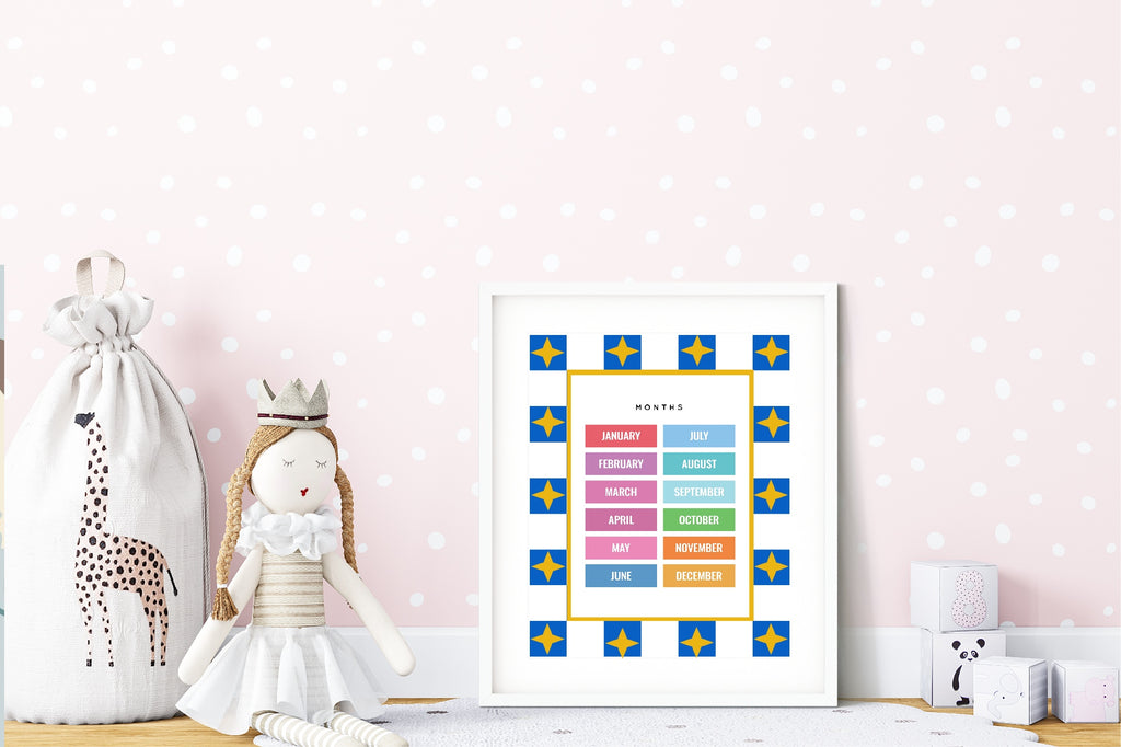 Blue Checked & Stars Months Poster | Educational Wall Art