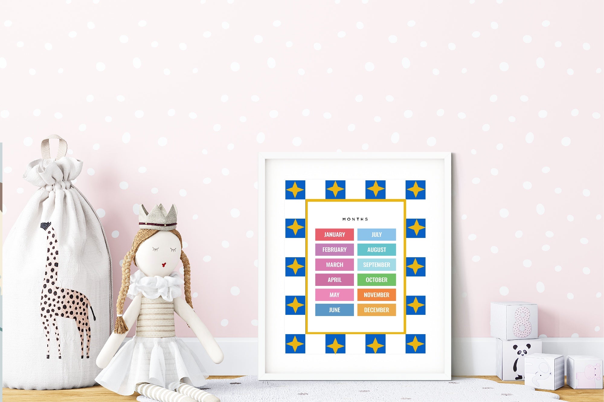 Blue Checked & Stars Months Poster | Educational Wall Art