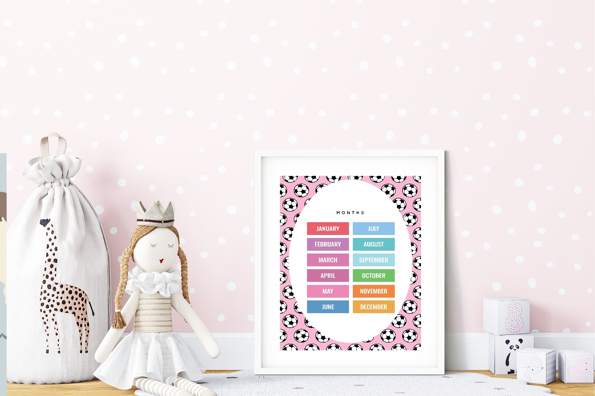 Pink Football Months Poster | Educational Wall Art
