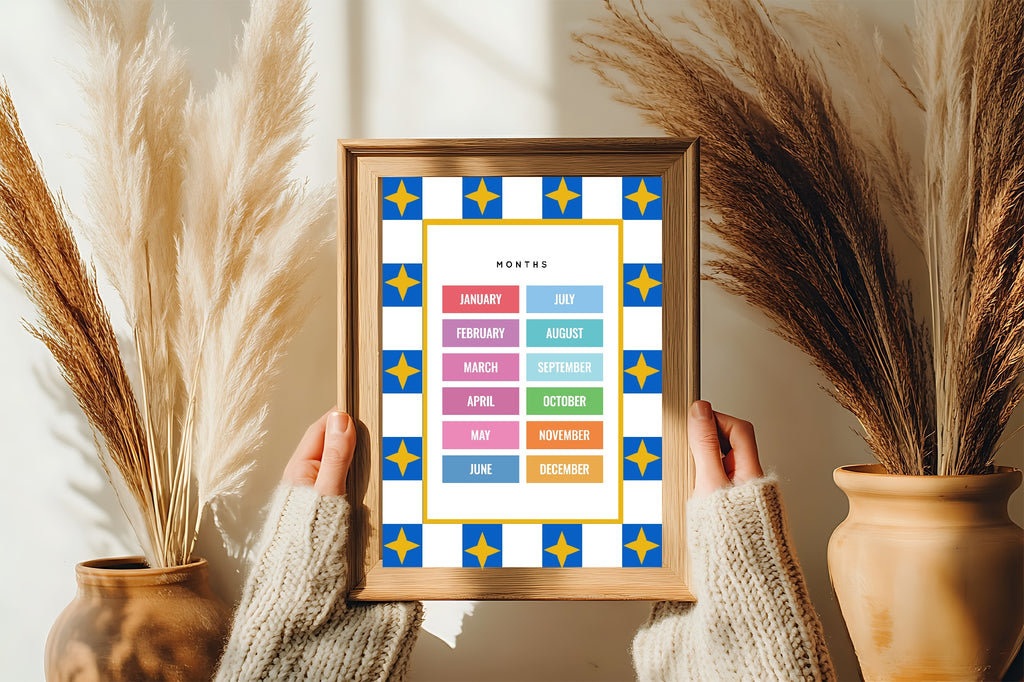 Blue Checked & Stars Months Poster | Educational Wall Art