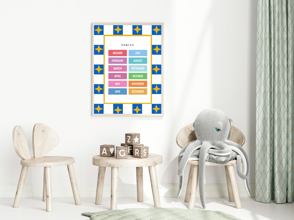 Blue Checked & Stars Months Poster | Educational Wall Art