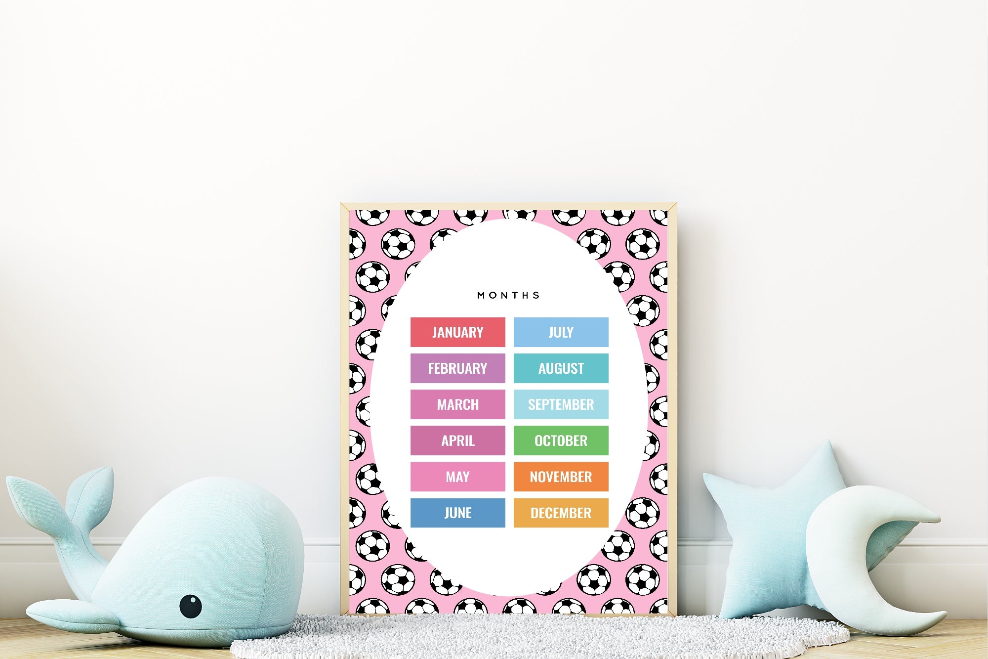 Pink Football Months Poster | Educational Wall Art