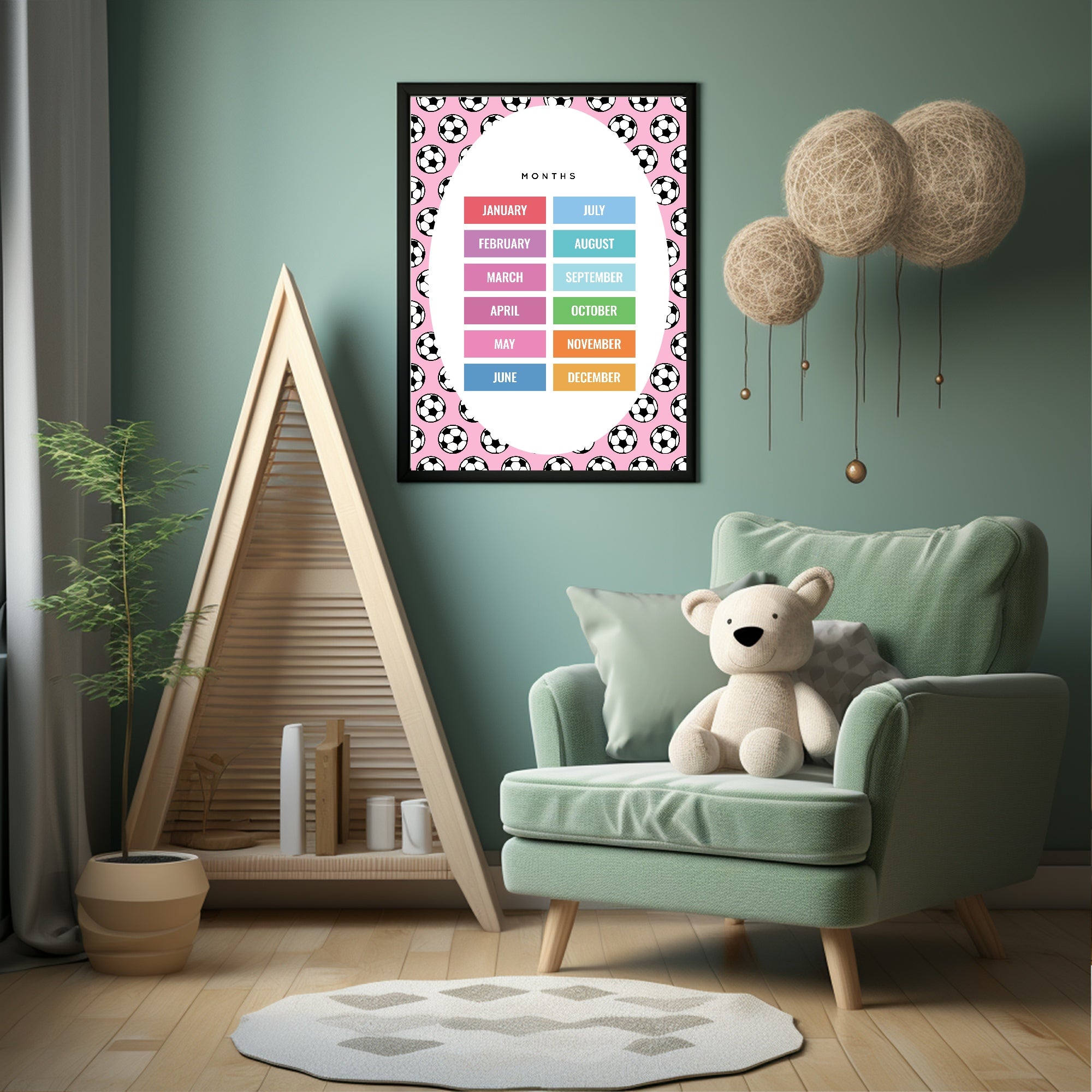 Pink Football Months Poster | Educational Wall Art