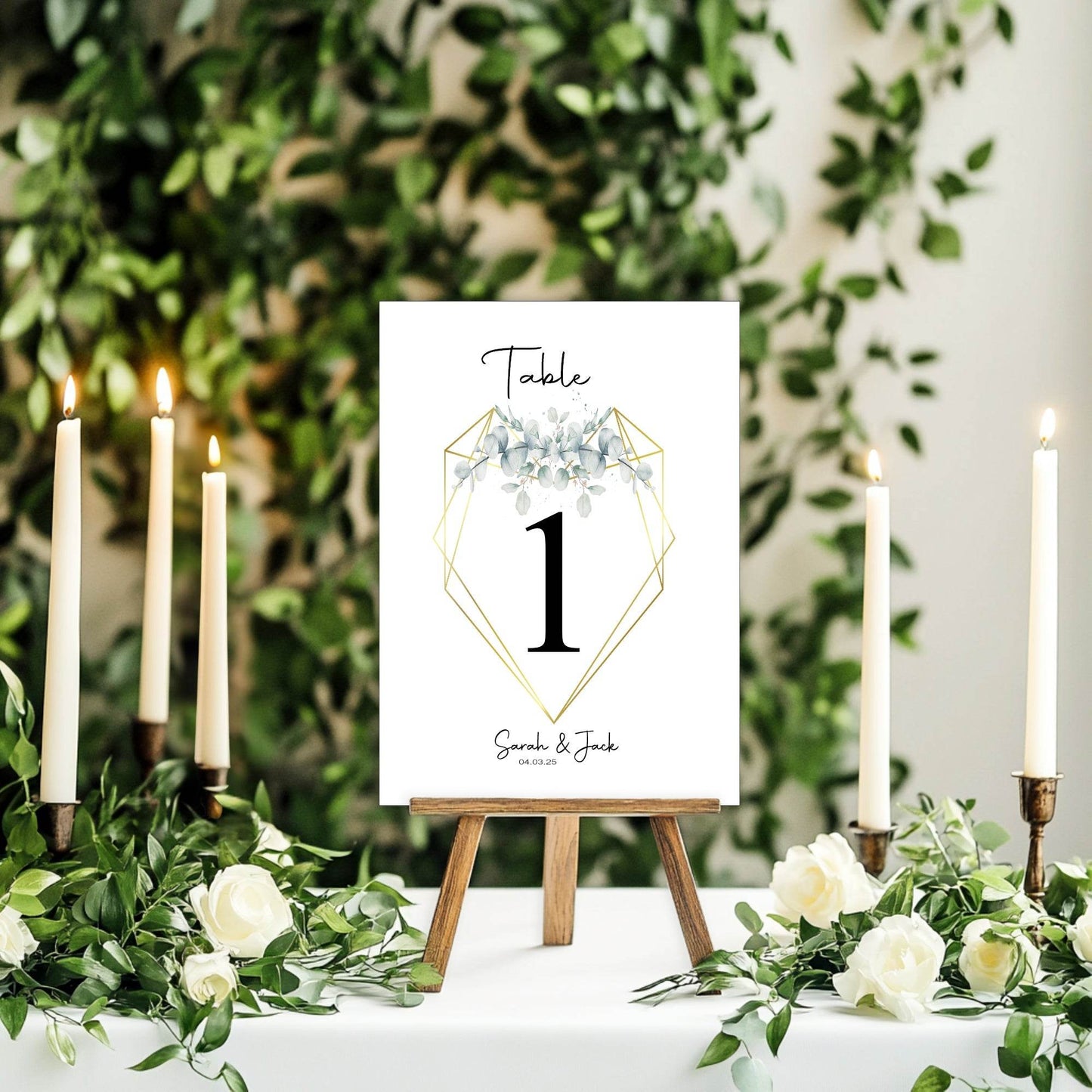 Eucalyptus Pack of Personalised Table Number Wedding Party Signs