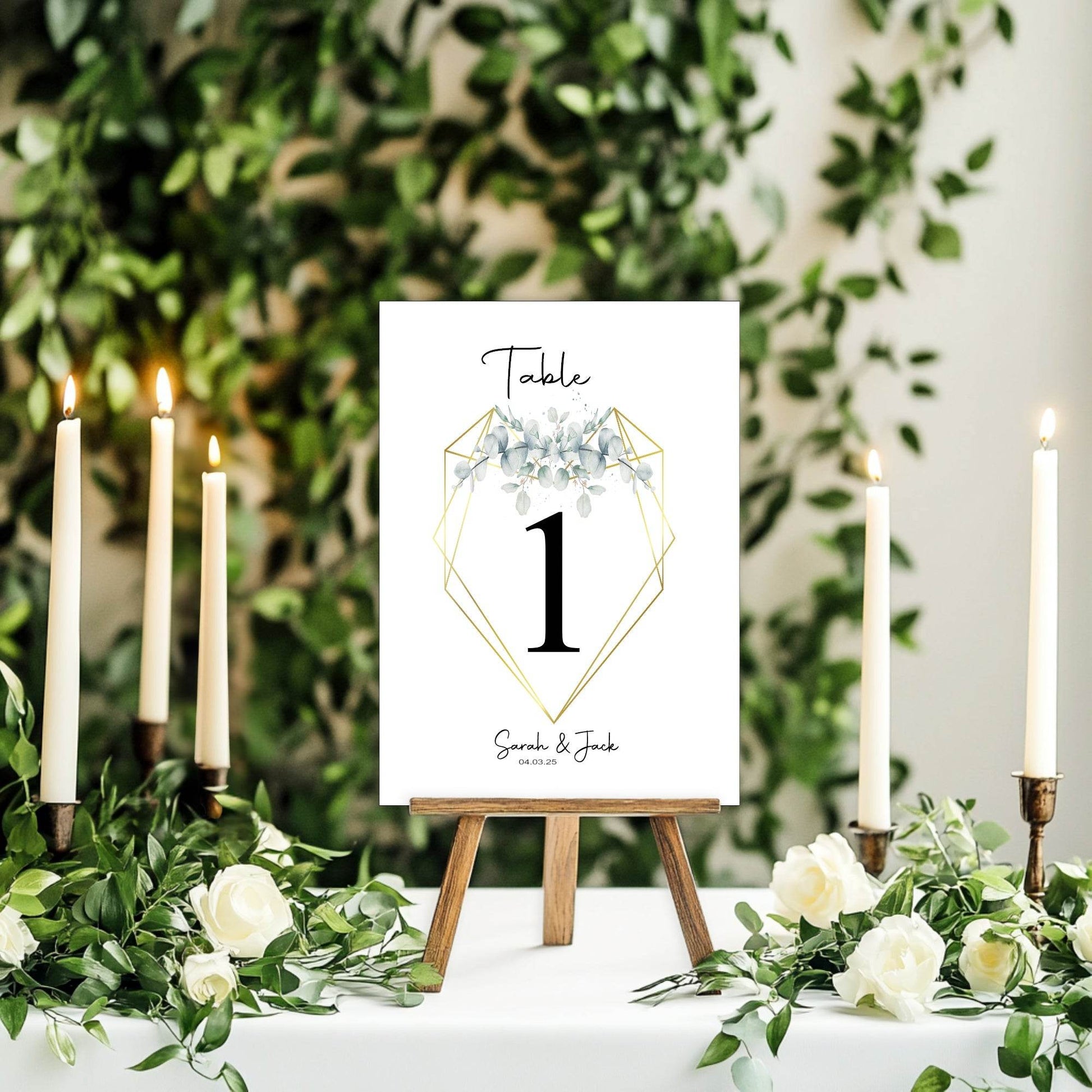 Eucalyptus Pack of Personalised Table Number Wedding Party Signs
