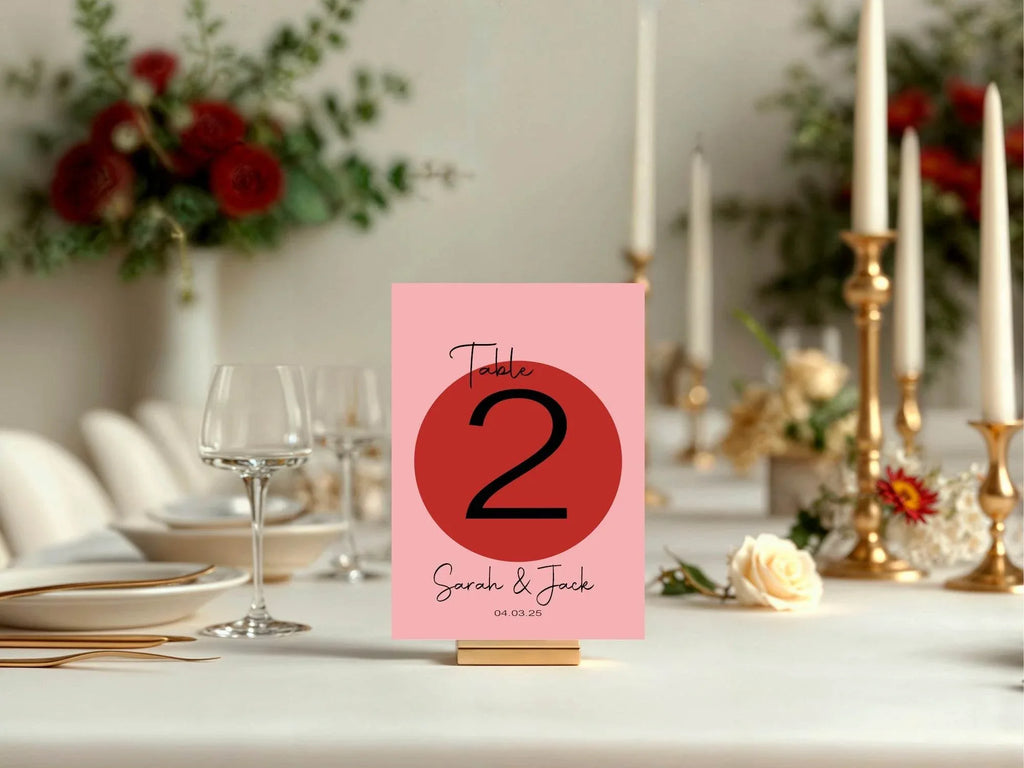 Red & Pink Pack of Personalised Table Number Wedding Party Signs - Larosier Prints