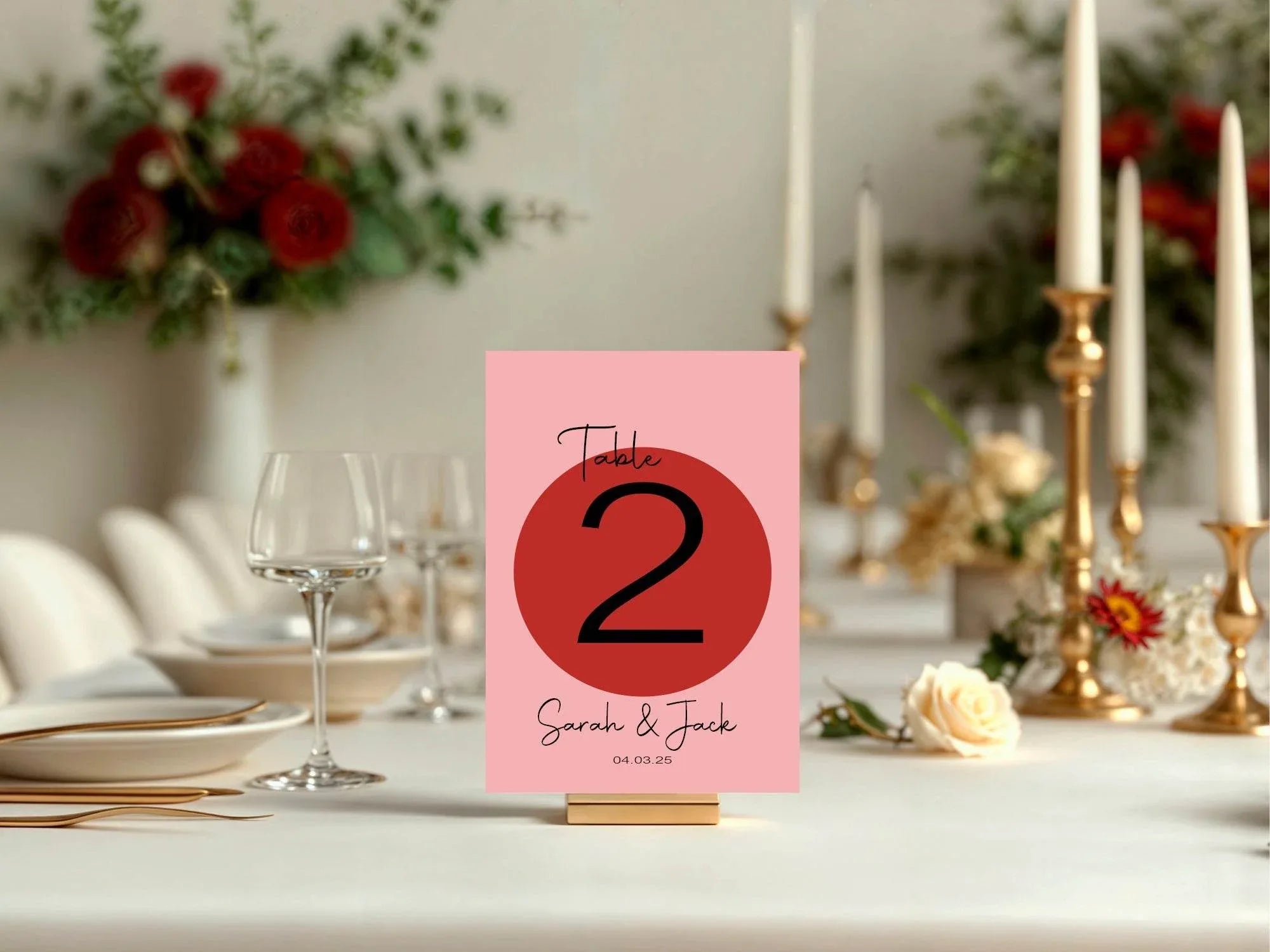 Red & Pink Pack of Personalised Table Number Wedding Party Signs - Larosier Prints