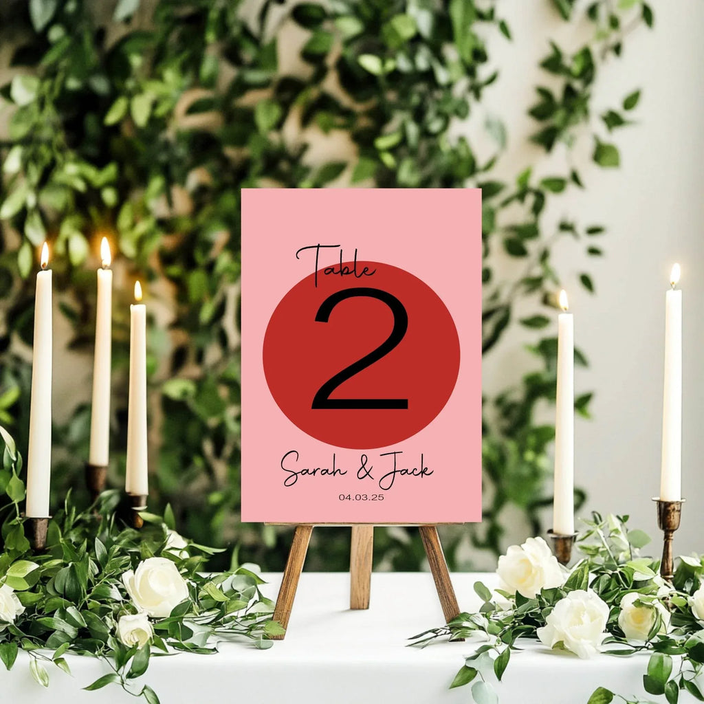 Red & Pink Pack of Personalised Table Number Wedding Party Signs - Larosier Prints
