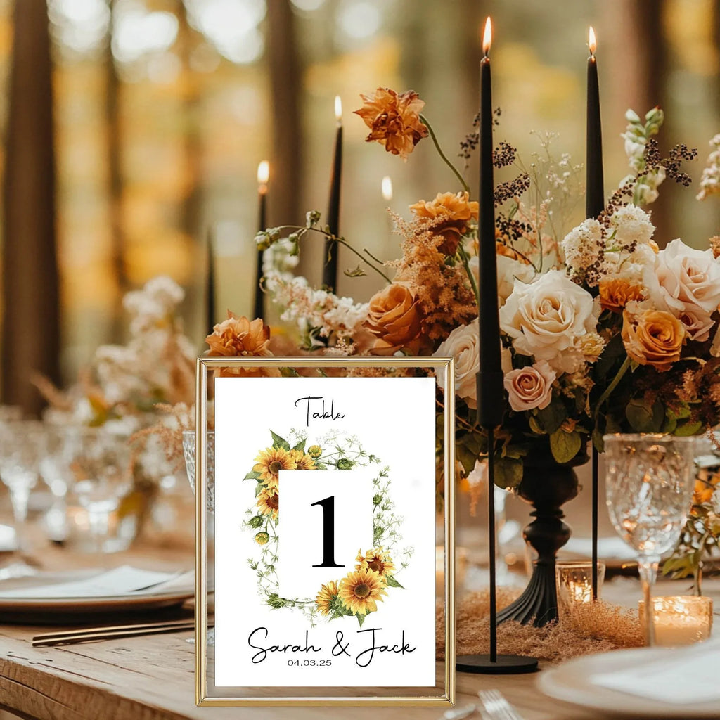 Sunflower Pack of Personalised Table Number Wedding Party Signs - Larosier Prints