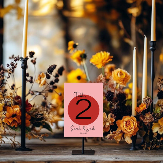 Red & Pink Pack of Personalised Table Number Wedding Party Signs