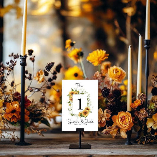 Sunflower Pack of Personalised Table Number Wedding Party Signs