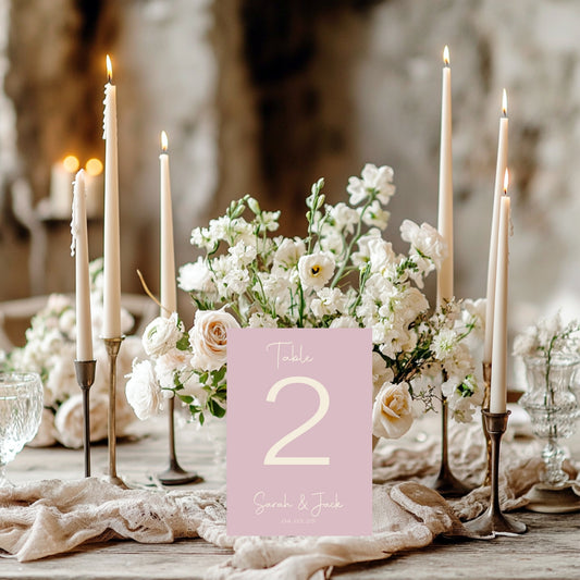 Dusky Pink Pack of Personalised Table Number Wedding Party Signs | A5