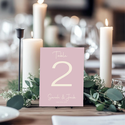 Dusky Pink Pack of Personalised Table Number Wedding Party Signs | A5