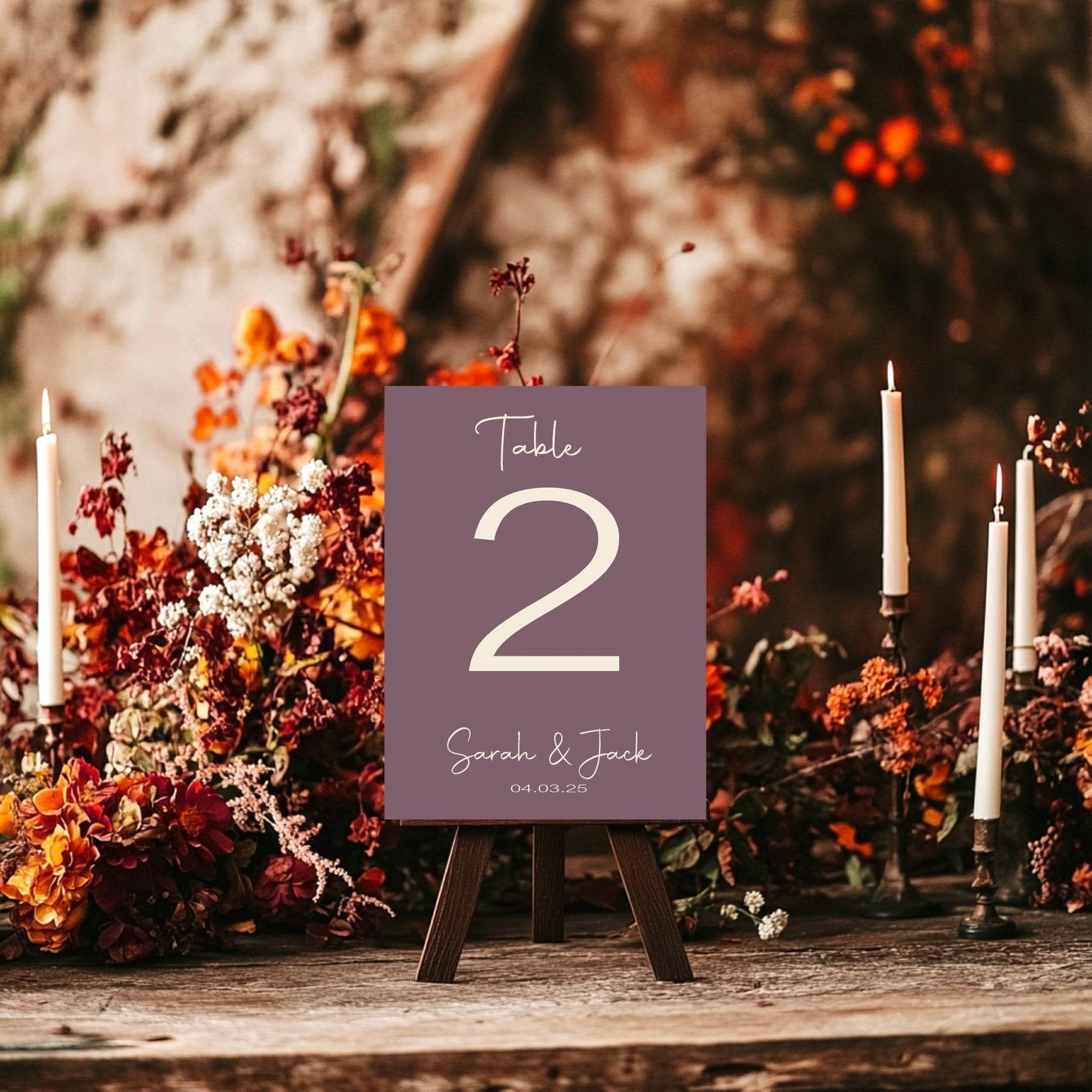 Heather Pack of Personalised Table Number Wedding Party Signs | A5