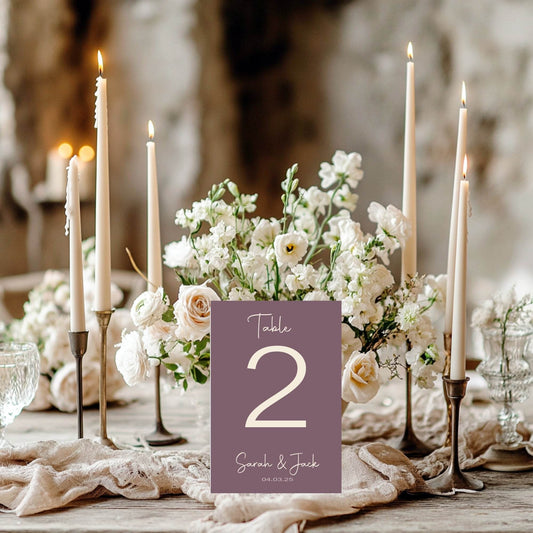 Heather Pack of Personalised Table Number Wedding Party Signs | A5