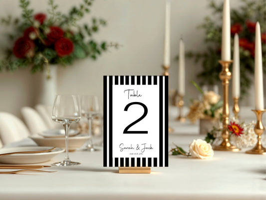 Black & White Stripe Pack of Personalised Table Number Wedding Party Signs