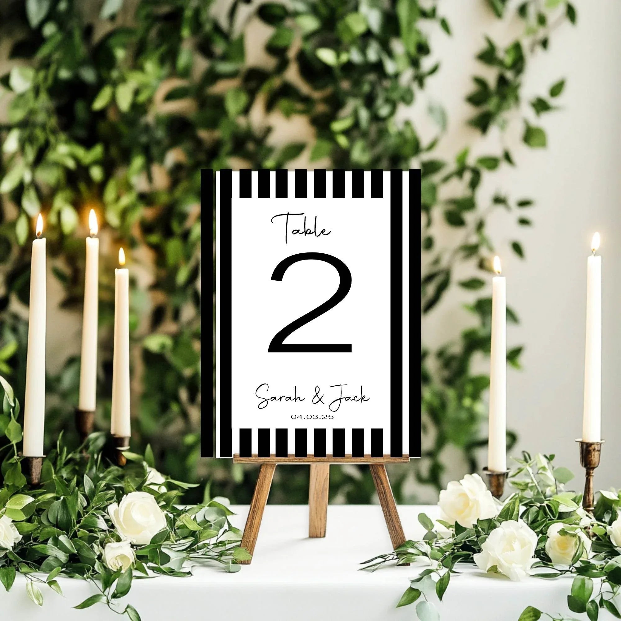 Black & White Stripe Pack of Personalised Table Number Wedding Party Signs - Larosier Prints