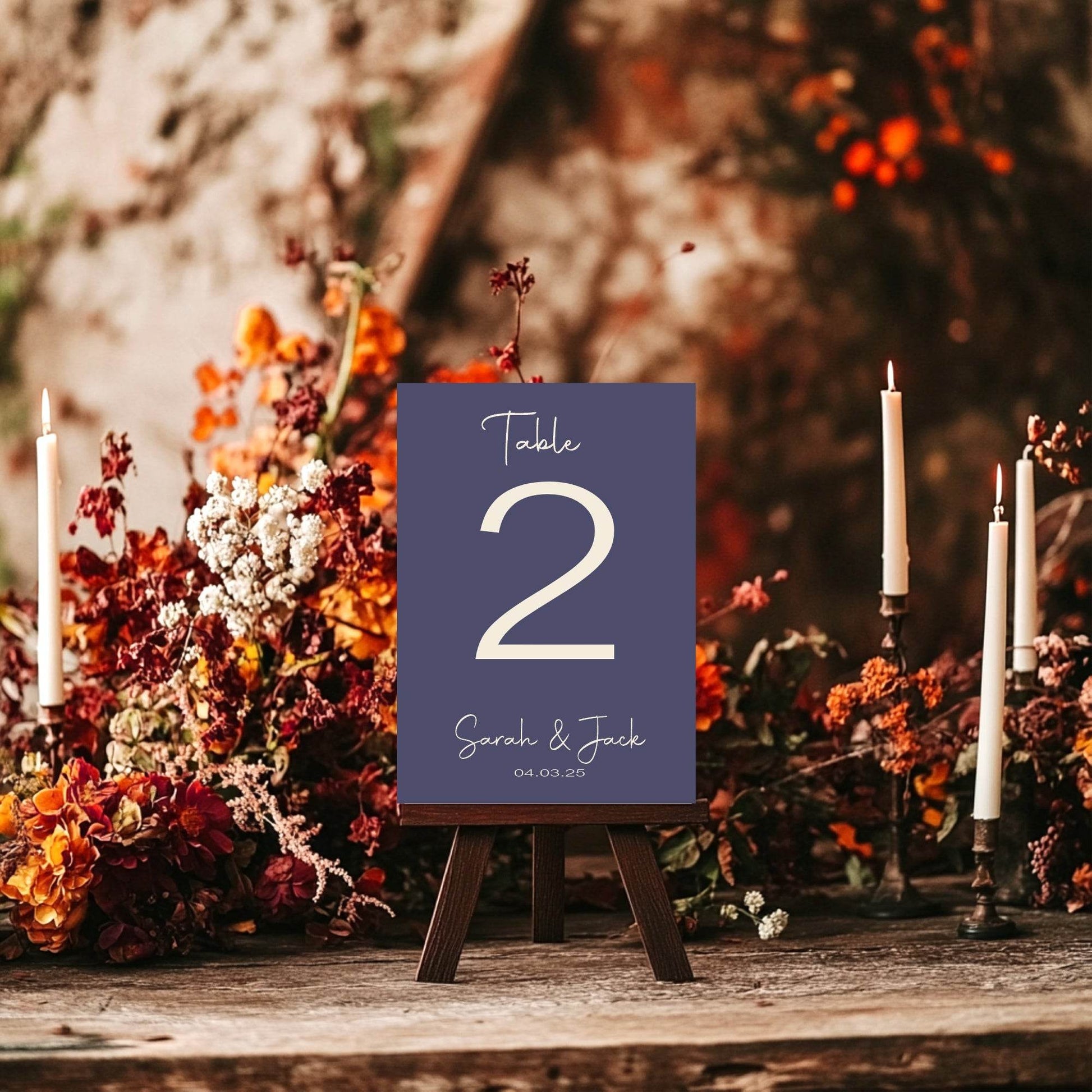 Sapphire Pack of Personalised Table Number Wedding Party Signs | A5