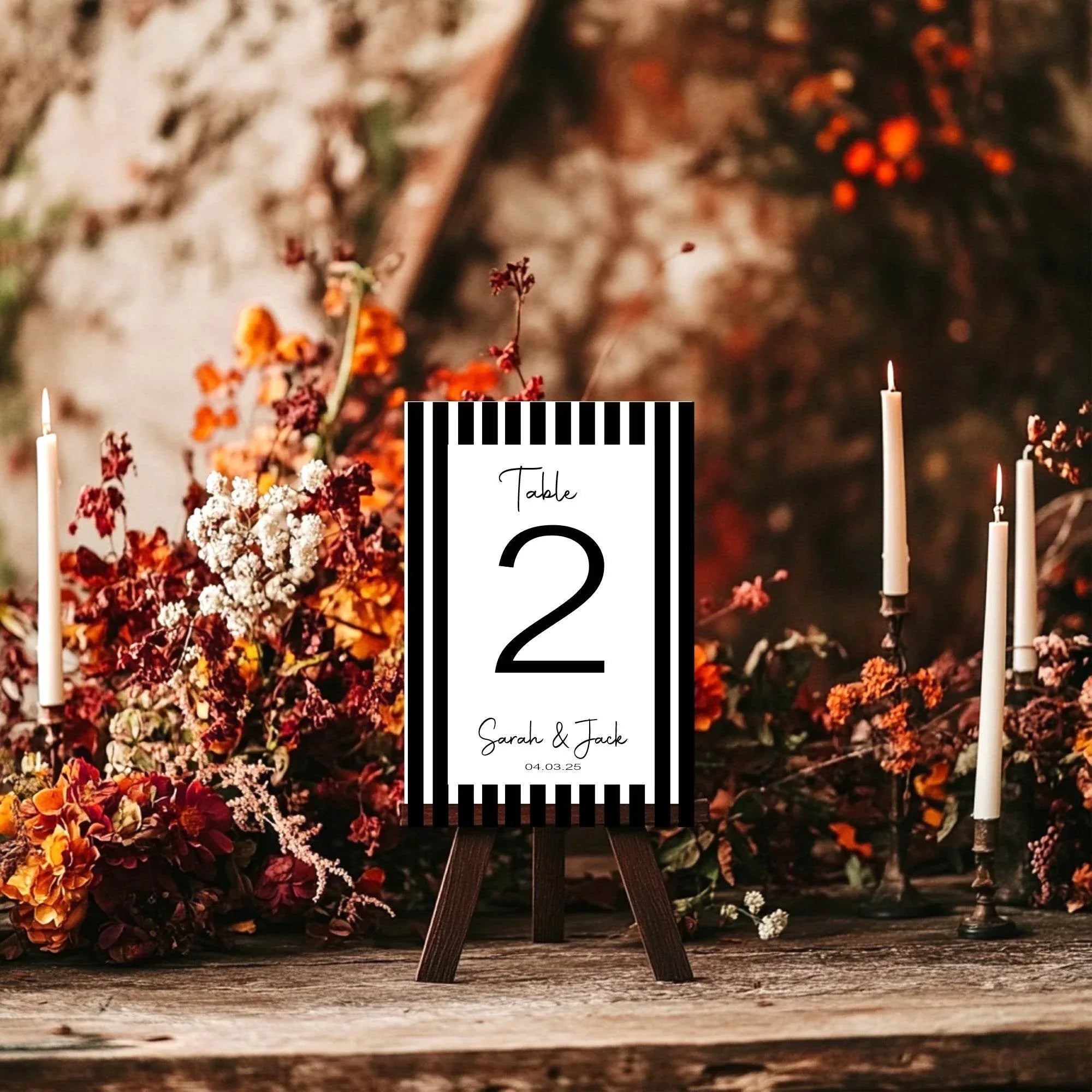Black & White Stripe Pack of Personalised Table Number Wedding Party Signs - Larosier Prints