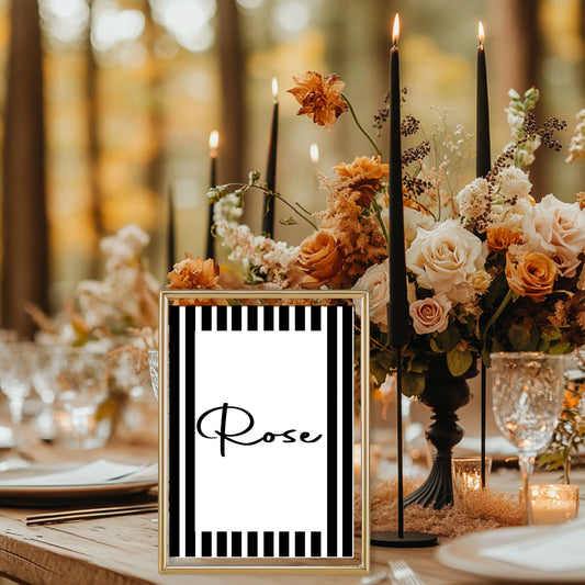 Black & White Stripe Pack of Table Names Wedding Party Signs