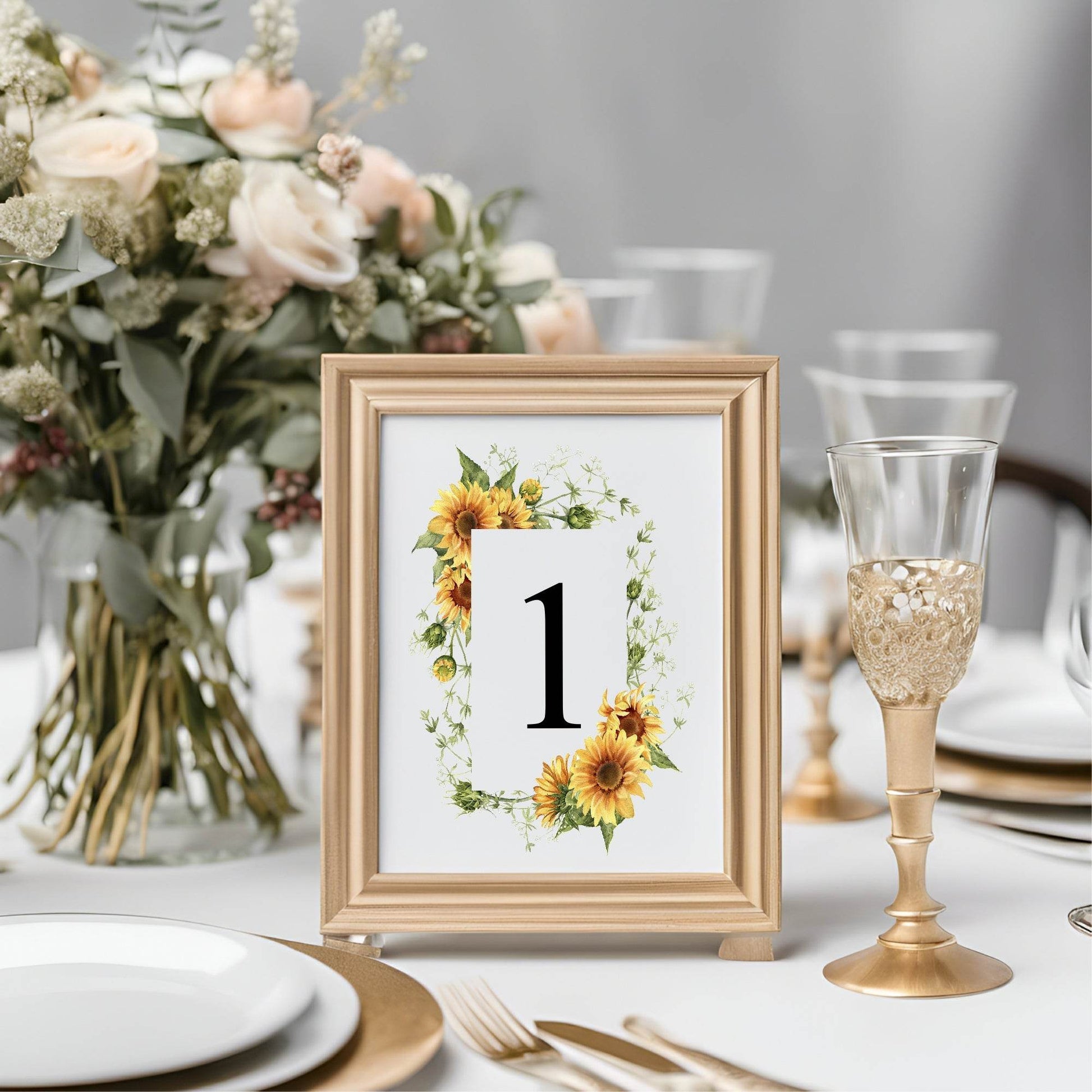 Sunflower Pack of Table Number Wedding Party Sign