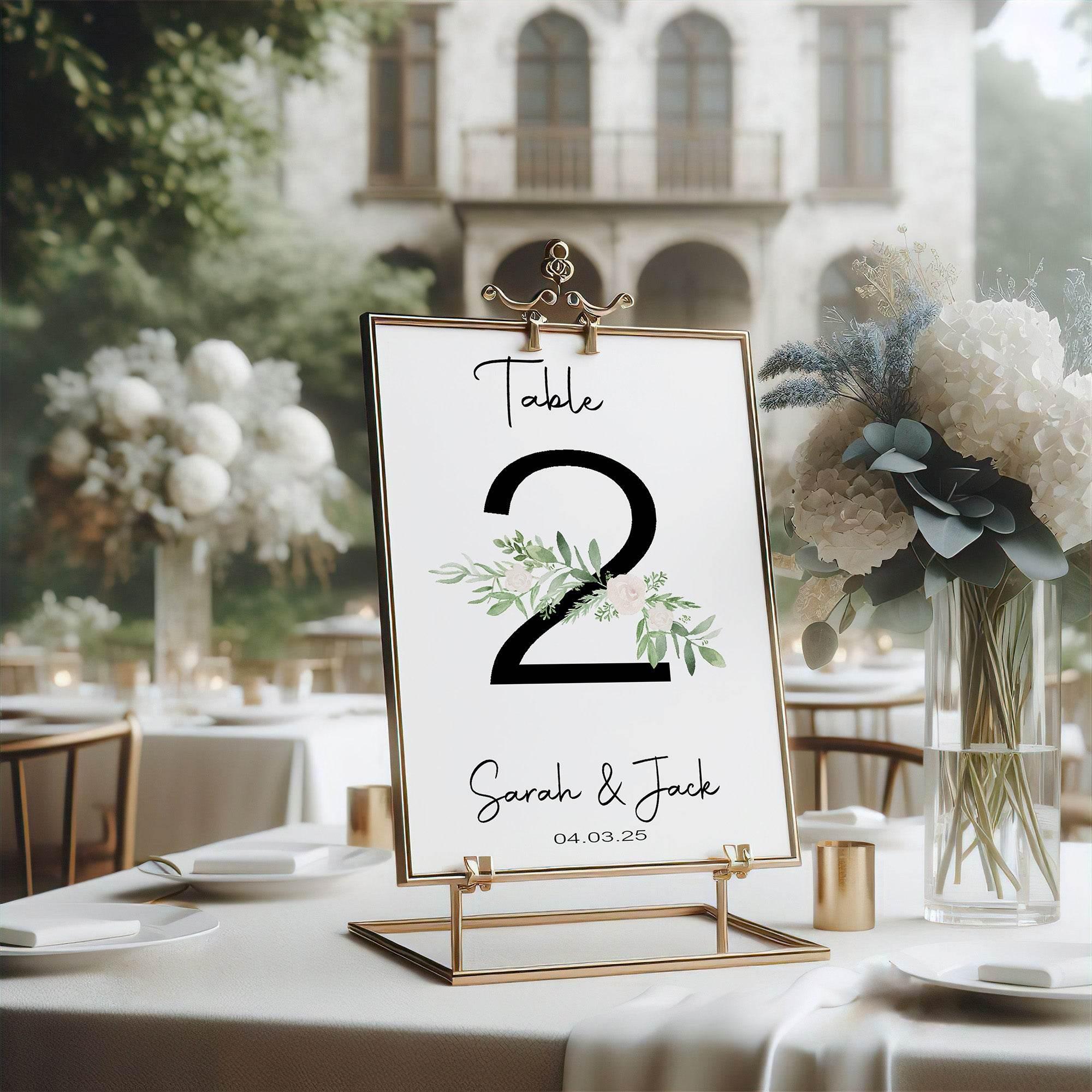 Green & White Rose Pack of Personalised Table Number Wedding Party Signs | A5 - Larosier Prints