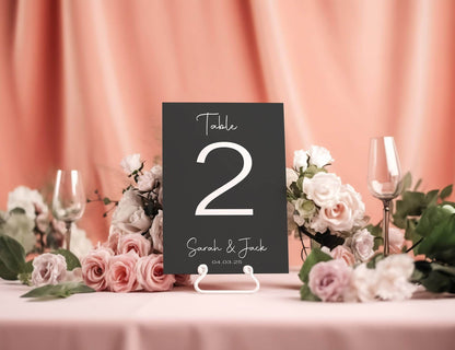 Minimalist Noir Pack of Personalised Table Number Wedding Party Signs