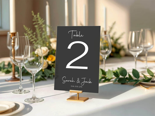 Minimalist Noir Pack of Personalised Table Number Wedding Party Signs