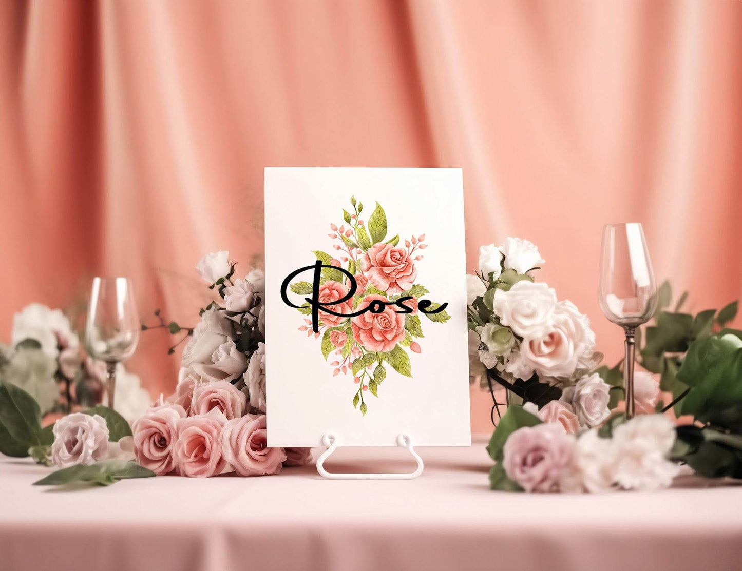 Pink Rose Pack of Table Names Wedding Party Signs| A5