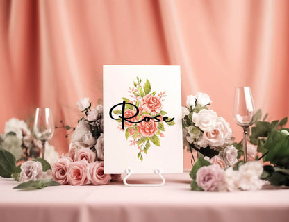 Pink Rose Pack of Table Names Wedding Party Signs| A5