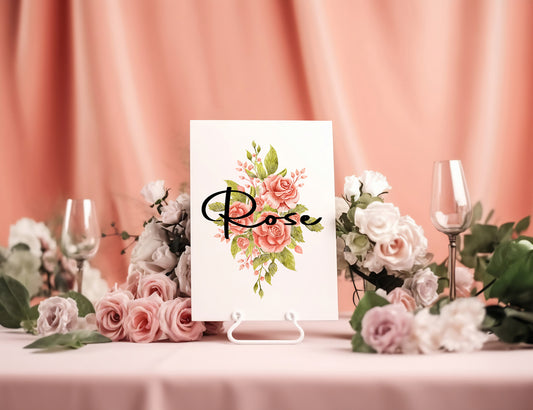 Pink Rose Pack of Table Names Wedding Party Signs| A5
