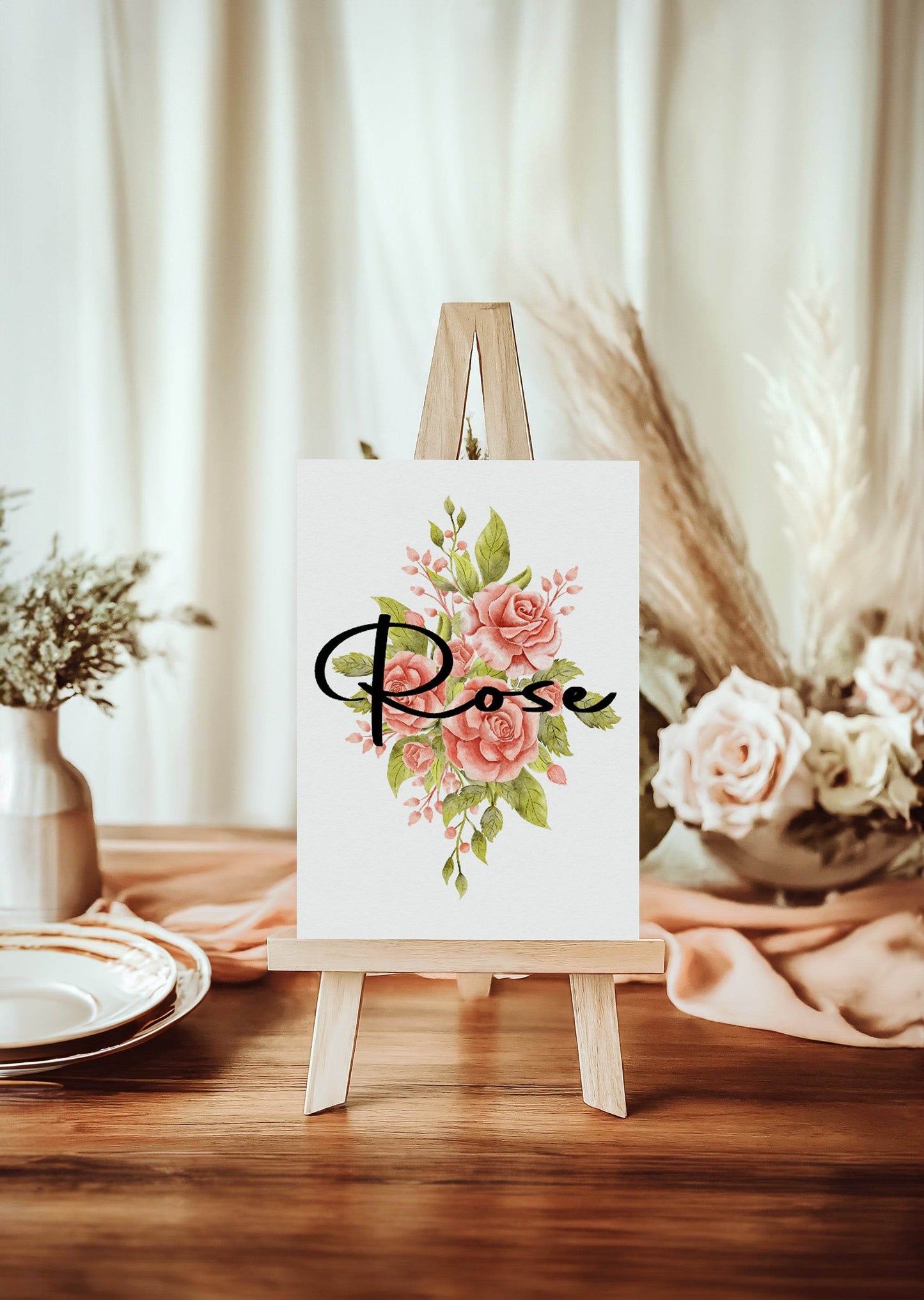 Pink Rose Pack of Table Names Wedding Party Signs| A5