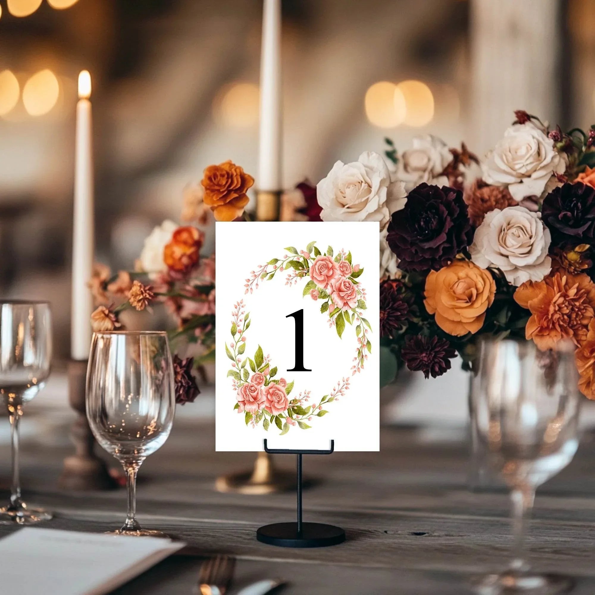 Pink Rose Pack of Table Number Wedding Party Signs - Larosier Prints