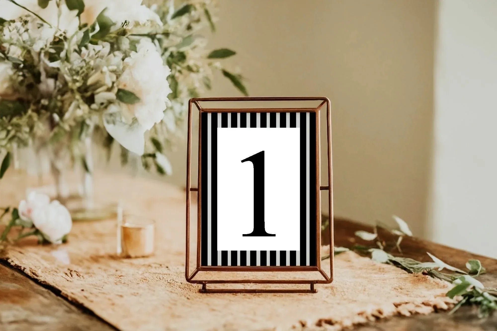Black & White Stripe Pack of Table Number Wedding Party Signs - Larosier Prints