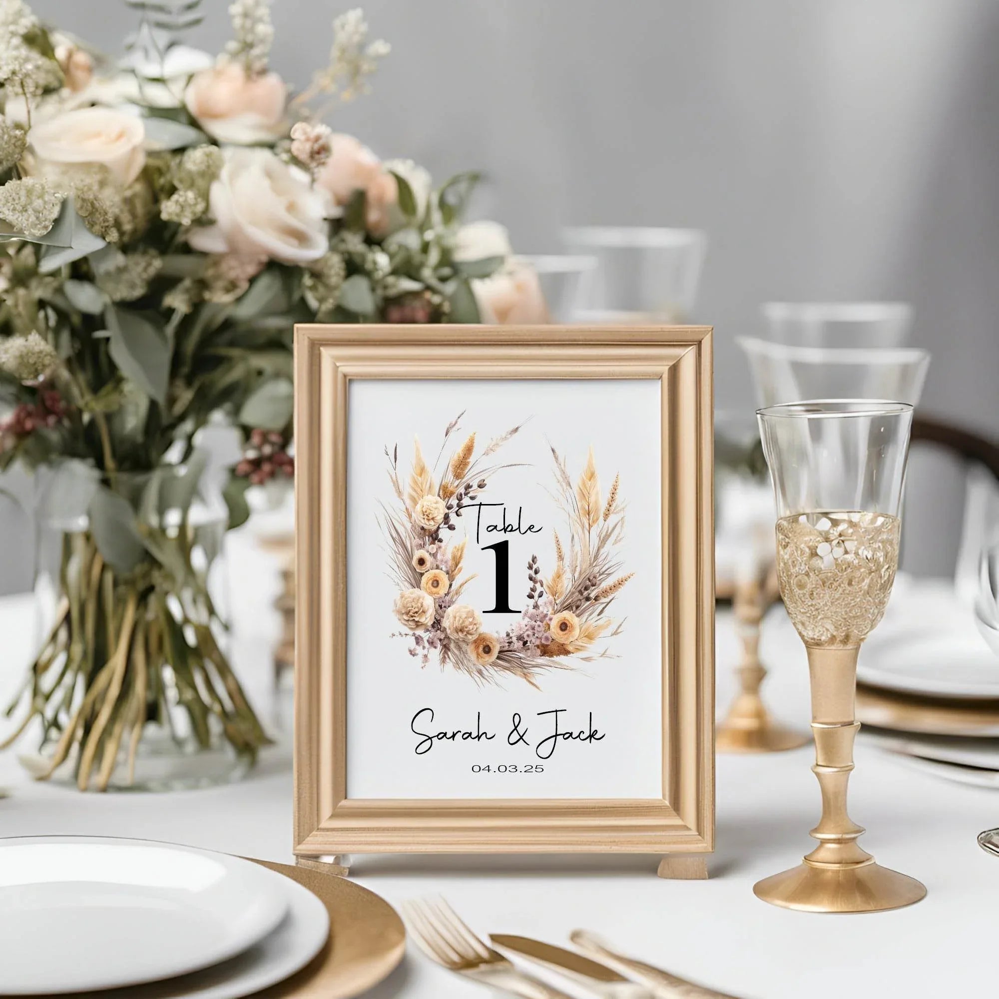 Boho Pack of Personalised Table Number Wedding Party Signs - Larosier Prints
