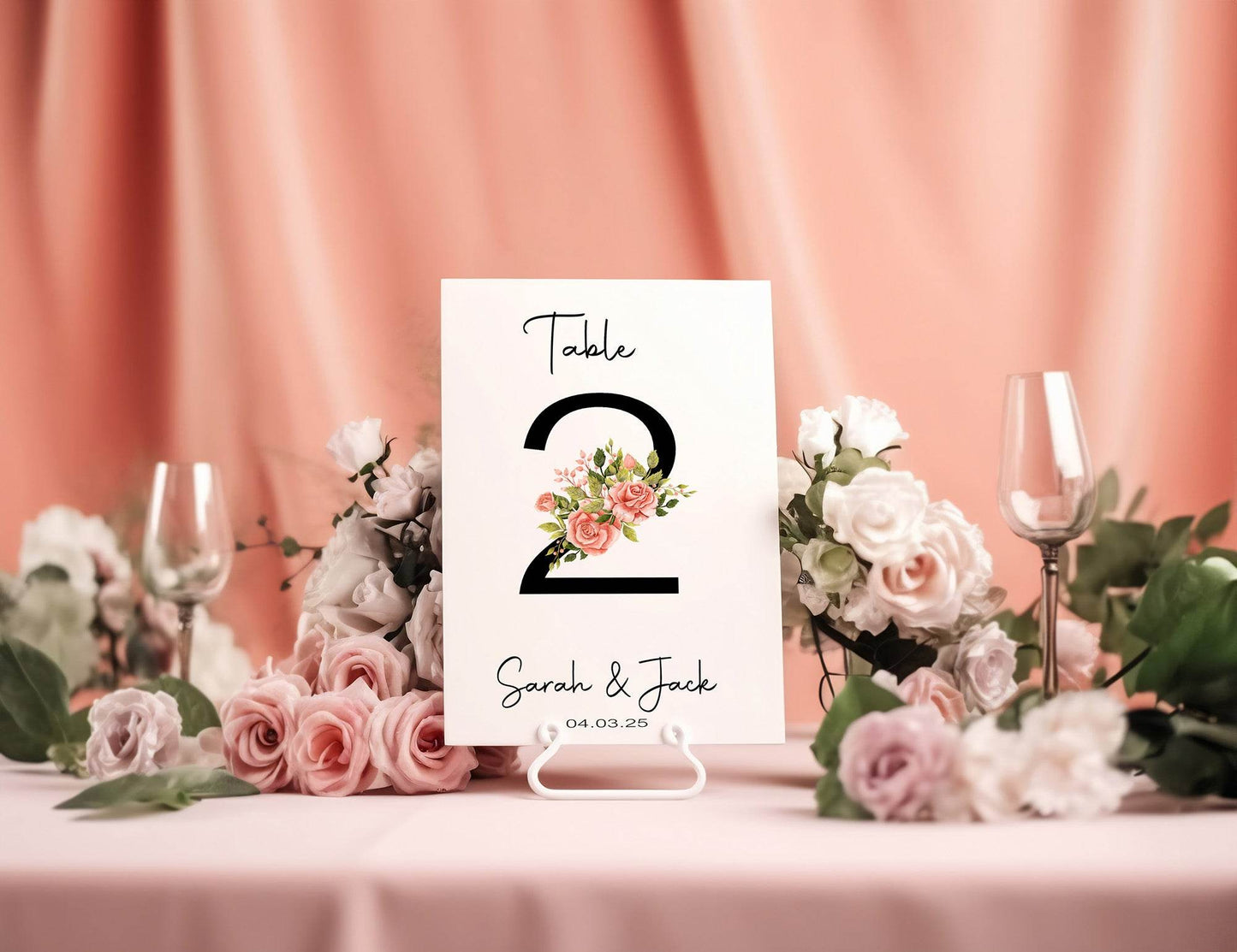 Pink Rose Pack of Personalised Table Number Wedding Party Signs | A5