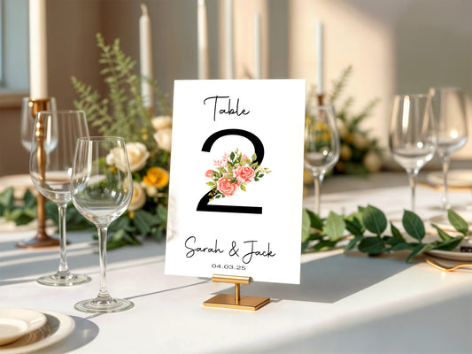 Pink Rose Pack of Personalised Table Number Wedding Party Signs | A5