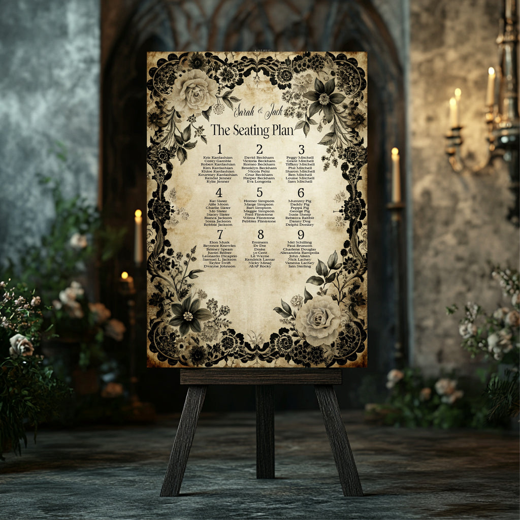 Black Rose Wedding Table Plan Seating Chart Sign
