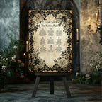 A vertical wedding seating plan sign with an ornate black floral border and numbered guest list on a rustic aged-paper background, displayed on a dark wooden easel in a dimly lit gothic-style hall with candles.