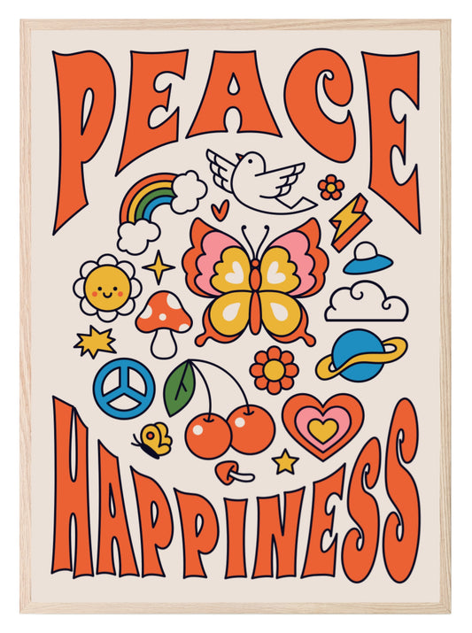 70's Inspired Peace & Happiness Print | Positive Mindfulness Wall Art