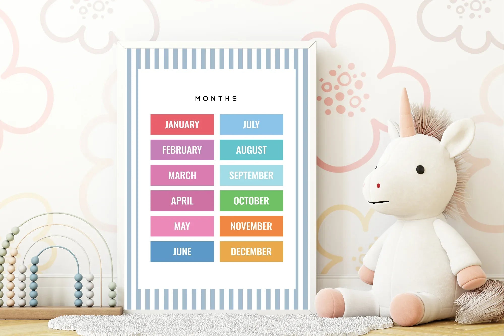Pastel Stripe Months Educational Wall Art Poster | Blue, Pink or Mint Green - Larosier Prints