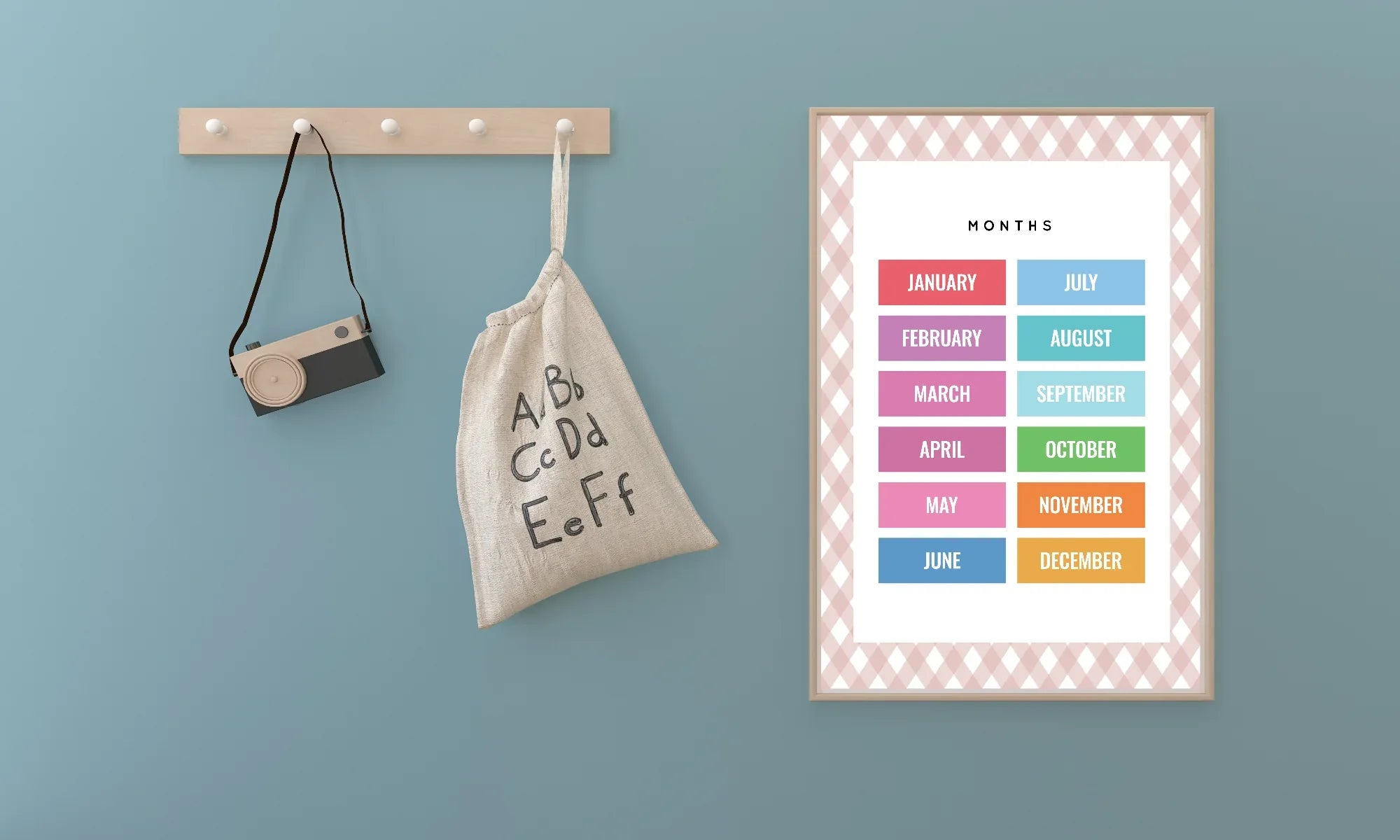 Pastel Plaid Months Educational Wall Art Poster | Blue, Pink or Mint Green - Larosier Prints