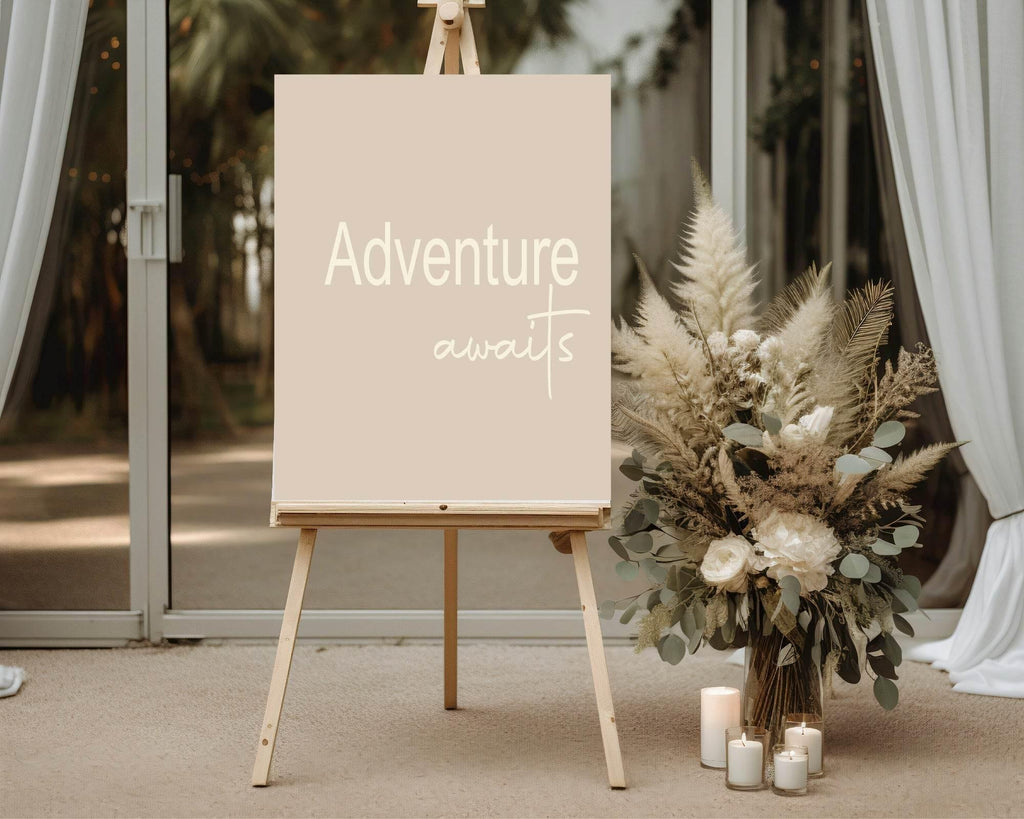 Adventure Awaits Party Sign | Beige, Blue, Pink, Lilac & Green - Larosier Prints