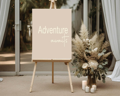 Adventure Awaits Party Sign | Beige, Blue, Pink, Lilac & Green - Larosier Prints