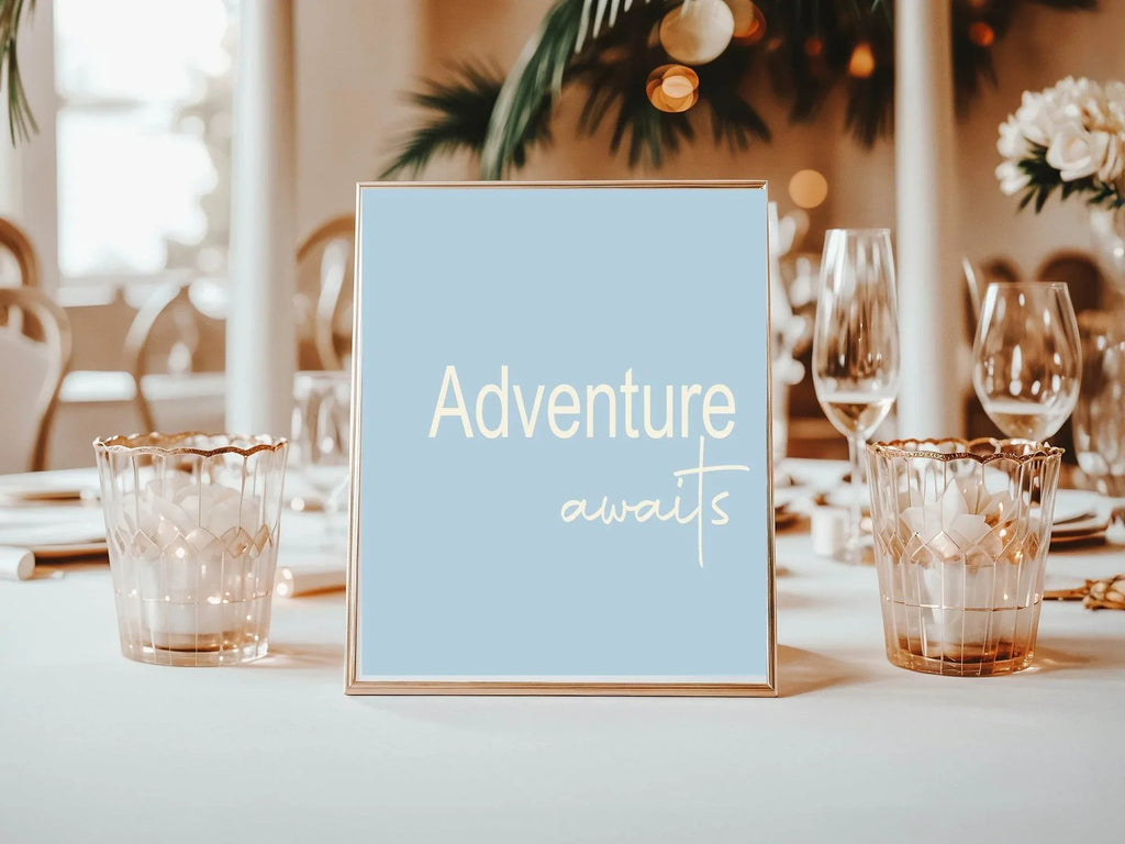 Adventure Awaits Party Sign | Beige, Blue, Pink, Lilac & Green - Larosier Prints
