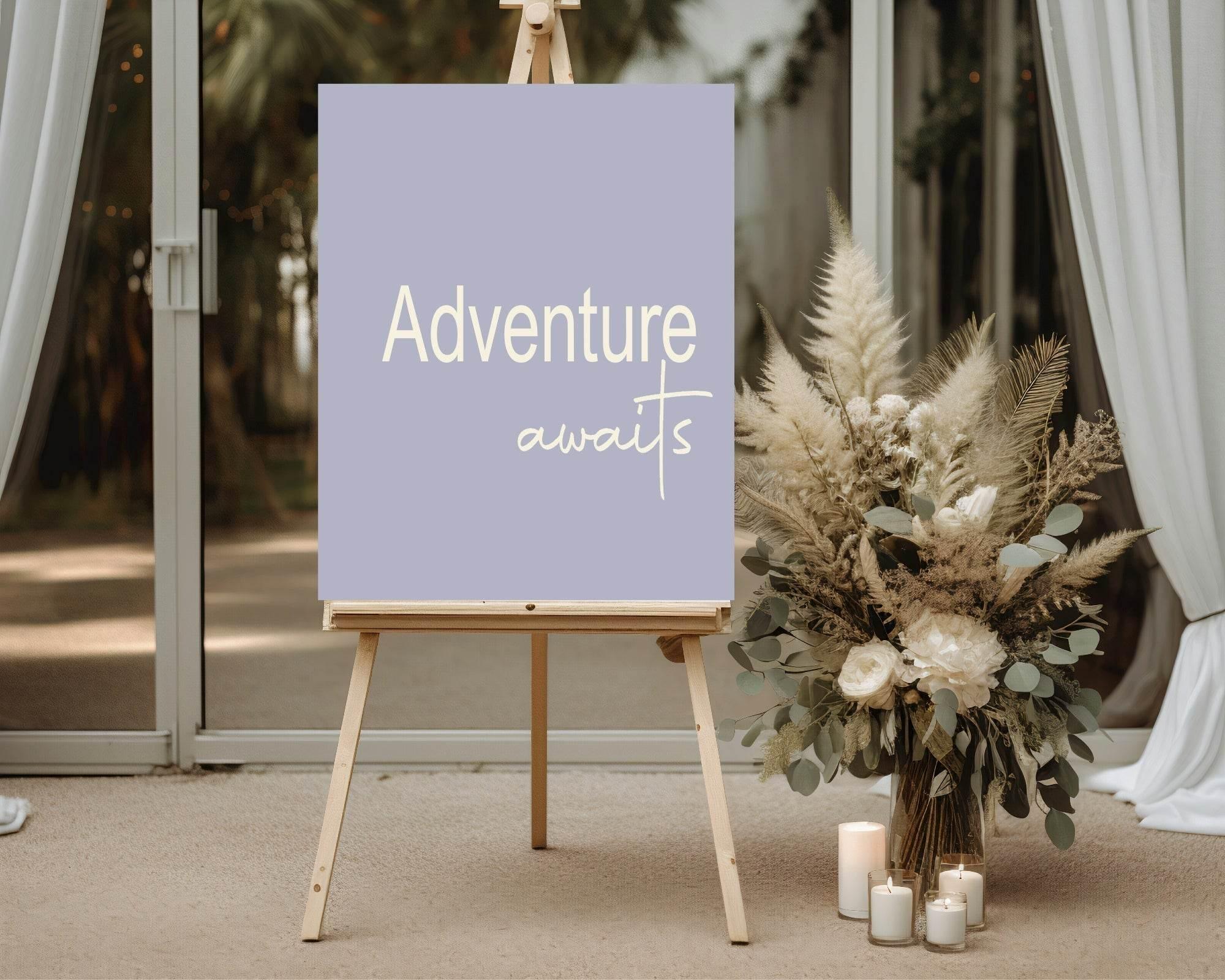 Adventure Awaits Party Sign | Beige, Blue, Pink, Lilac & Green - Larosier Prints