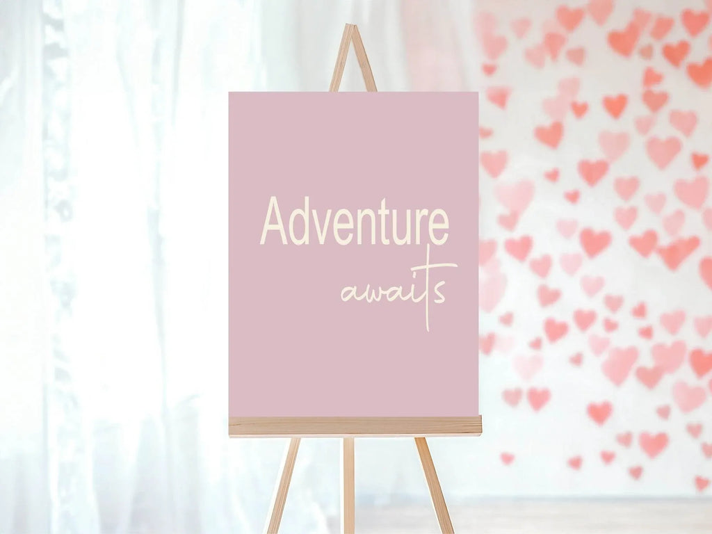 Adventure Awaits Party Sign | Beige, Blue, Pink, Lilac & Green - Larosier Prints