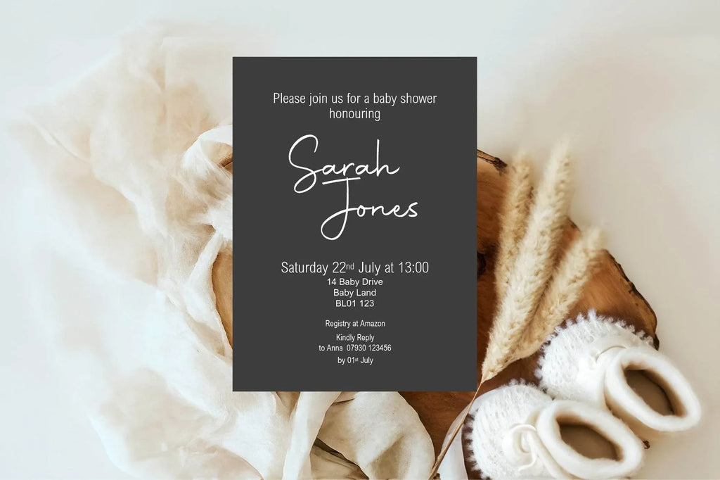 Minimalist Noir Baby Shower Party Invitations & Envelopes | Pack of 10 - Larosier Prints