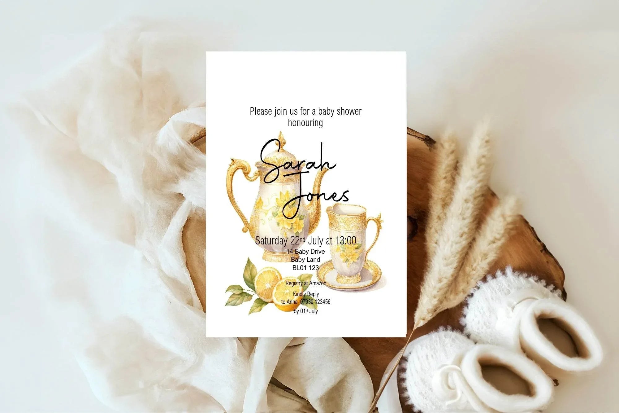 Lemon Tea Baby Shower Party Invitations & Envelopes | Pack of 10 - Larosier Prints